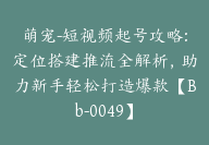 萌宠-短视频起号攻略:定位搭建推流全解析，助力新手轻松打造爆款【Bb-0049】-副业圈